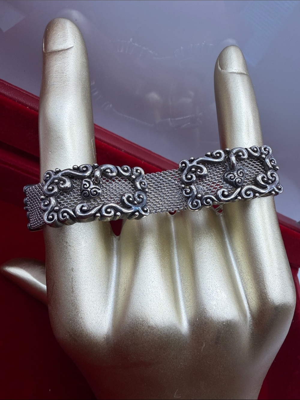 Vintage Silver mesh ornate Balinese or Ottoman scrollwork Bracelet